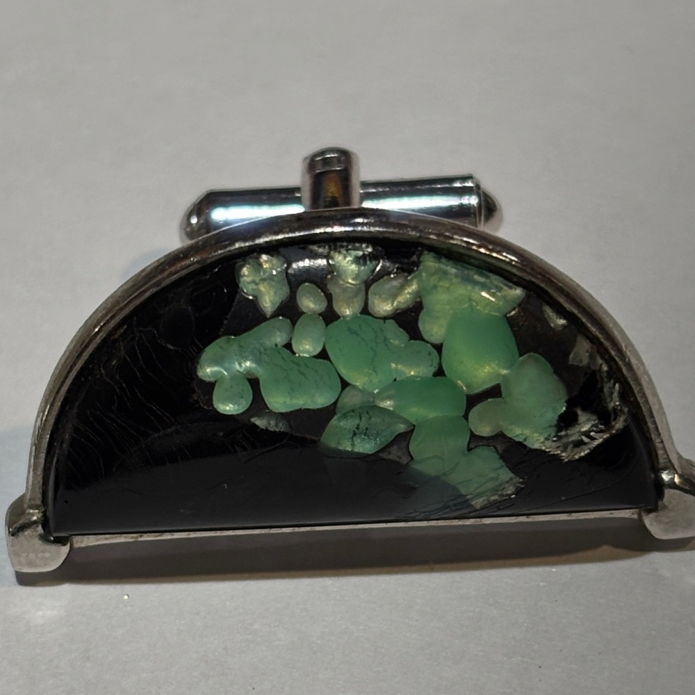Vintage Speidel Mid Century Green Stone Cufflinks Formal Jewelry Silver-Tone - Picture 4 of 5